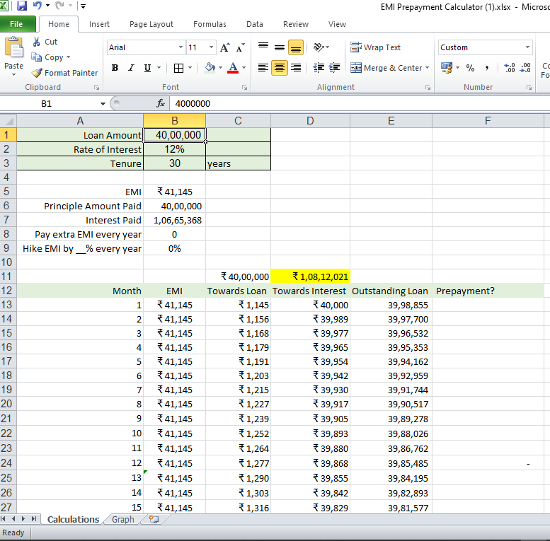 EMI Calculator Excel Sheet With Prepayment Option NSK MULTISERVICES KOSBI